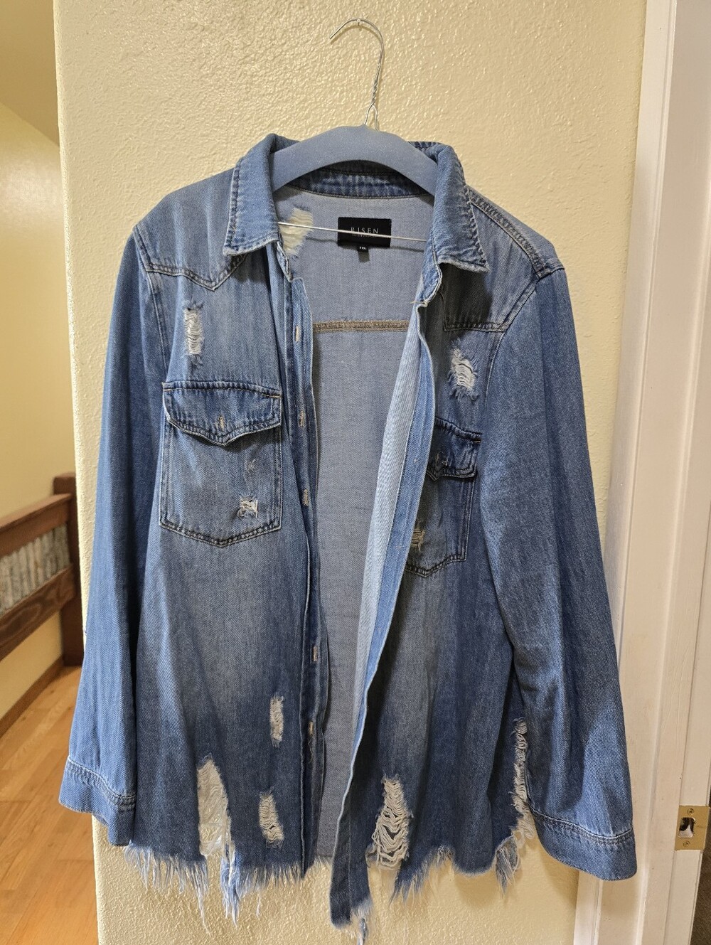 Risen Distressed Blue Denim Shirt Jacket